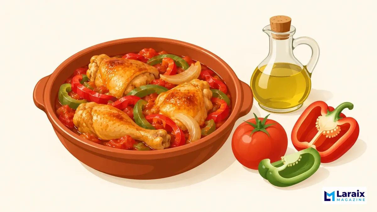 Flat illustration of Spanish pollo al chilindrón with chicken, tomato sauce, bell peppers, and olive oil