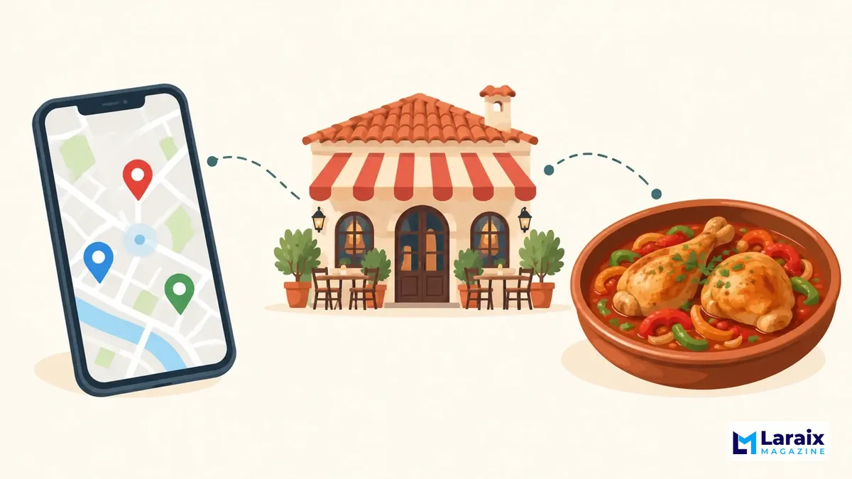 Minimal illustration of finding nearby Spanish restaurants serving pollo al chilindrón using a map app