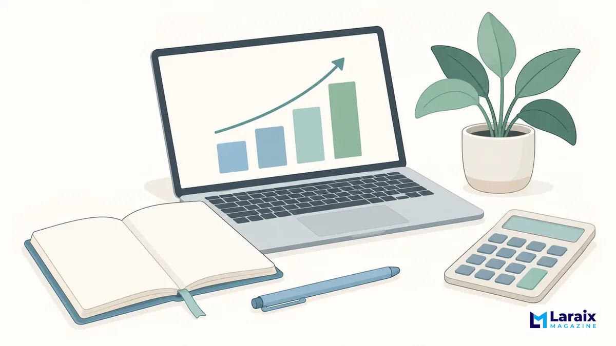 Minimal illustration of small business planning with a laptop, financial chart, calculator, and notebook