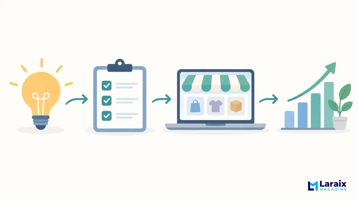 Flat illustration showing business idea development, planning, online launch, and sustainable growth