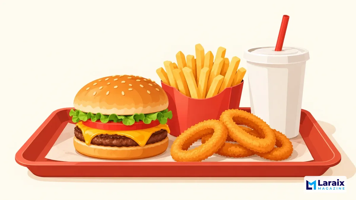 Flat illustration of a customizable fast-food tray with a cheeseburger, fries, onion rings, and drink.