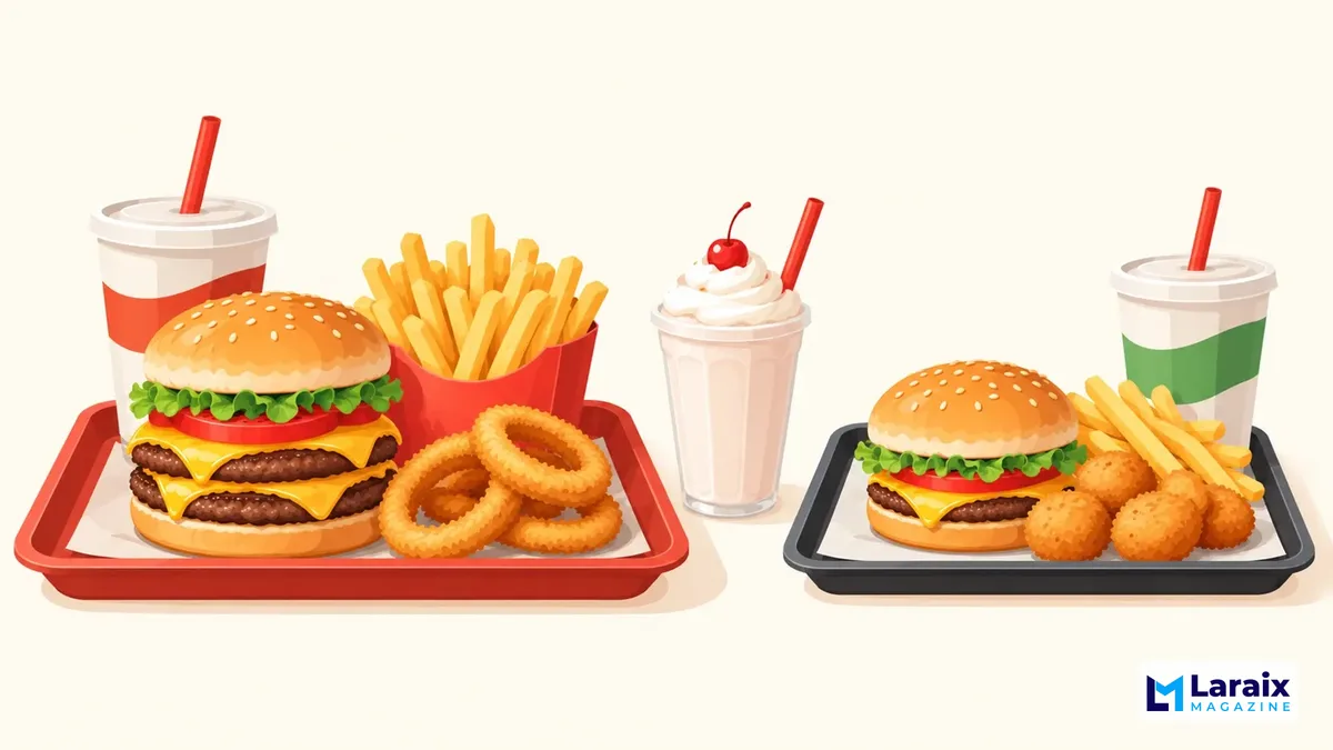 Minimal illustration comparing regular and junior fast-food trays with different meals and a milkshake option.