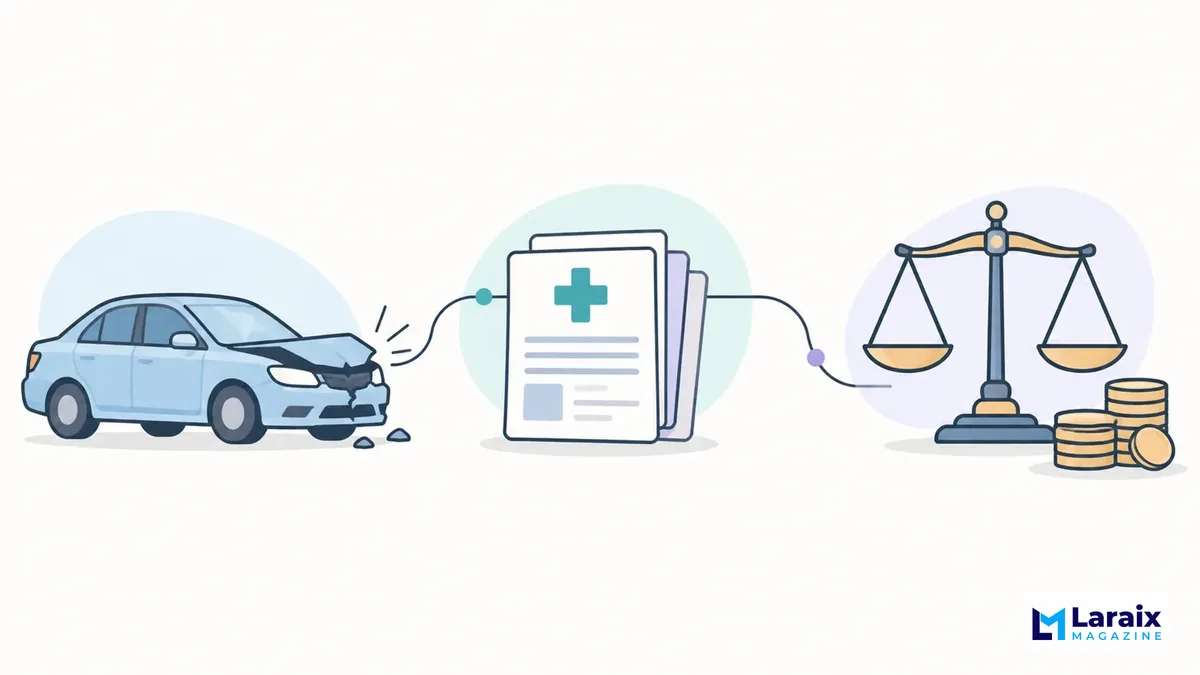 Flat illustration of a car accident, medical records, and scales of justice representing personal injury claims