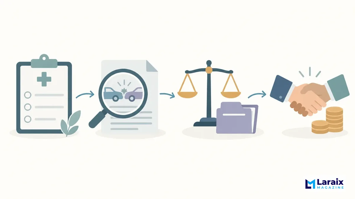 Flat illustration showing personal injury claim steps from evidence collection to legal settlement