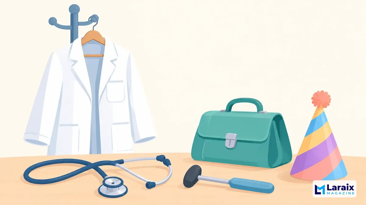Playful flat illustration of a fictional doctor's coat, stethoscope, medical bag, and party hat.