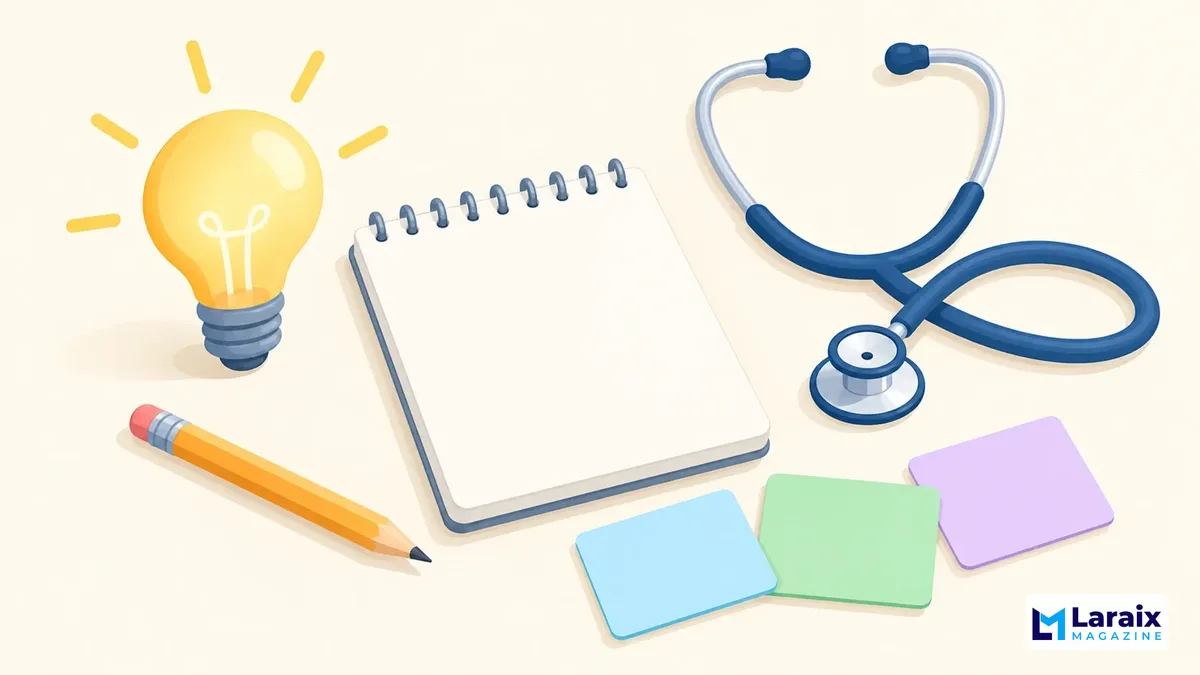 Minimal illustration of a lightbulb, blank notepad, pencil, and stethoscope for creating funny doctor names.