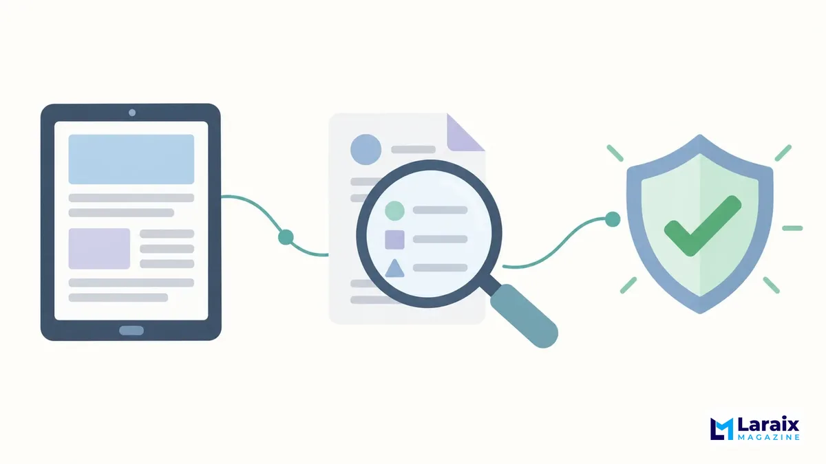 Flat illustration showing online news verification through article review, fact-checking, and trusted sources.