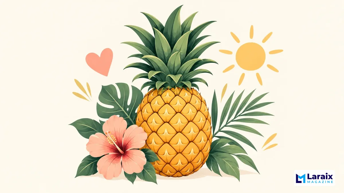 Upright pineapple surrounded by a heart, sunshine, and flower symbolizing friendship and happiness.