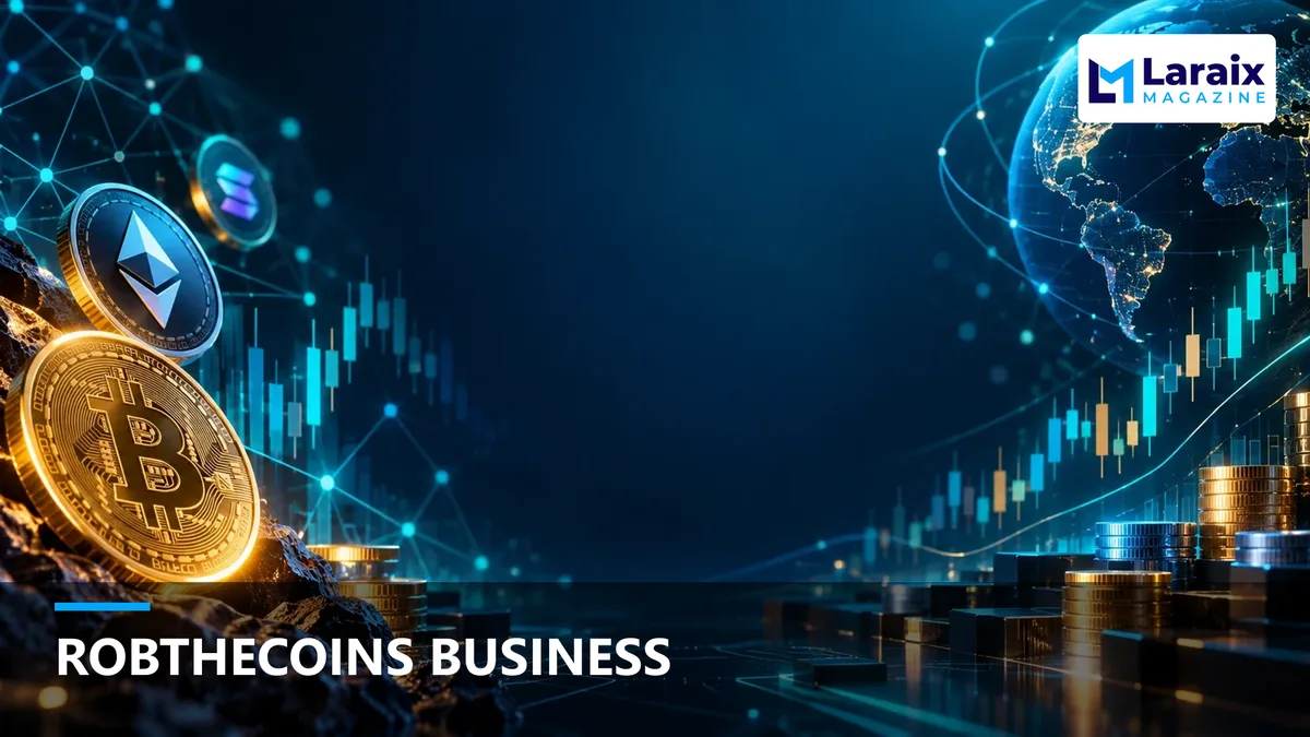 RobTheCoins Business featured image with cryptocurrency symbols and a modern digital finance background