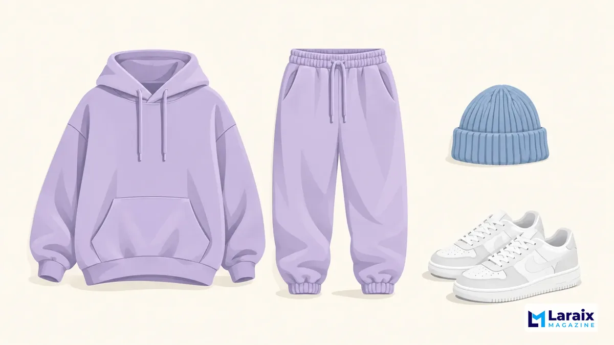 Minimal flat illustration of a lavender streetwear tracksuit, beanie, and white sneakers.