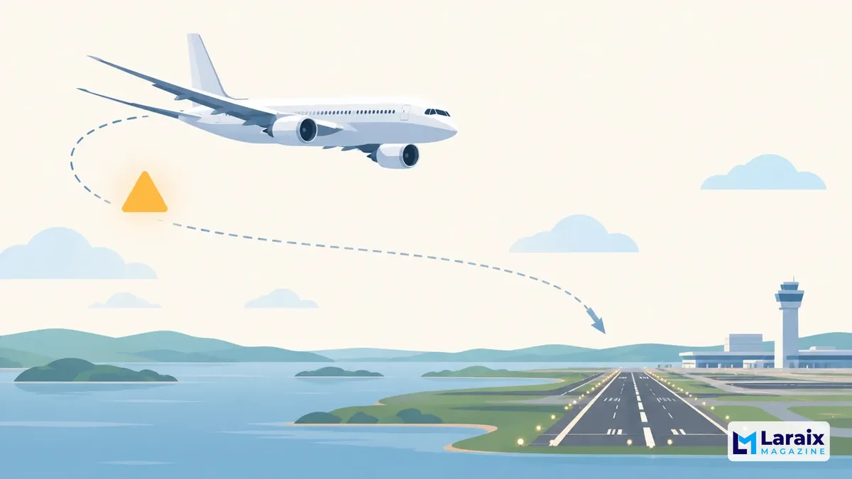 Flat illustration of a passenger airplane returning to an airport after an in-flight technical warning.
