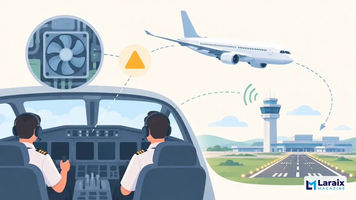 Minimal illustration of aircraft electronics cooling, cockpit warning indicators, and airport emergency response.